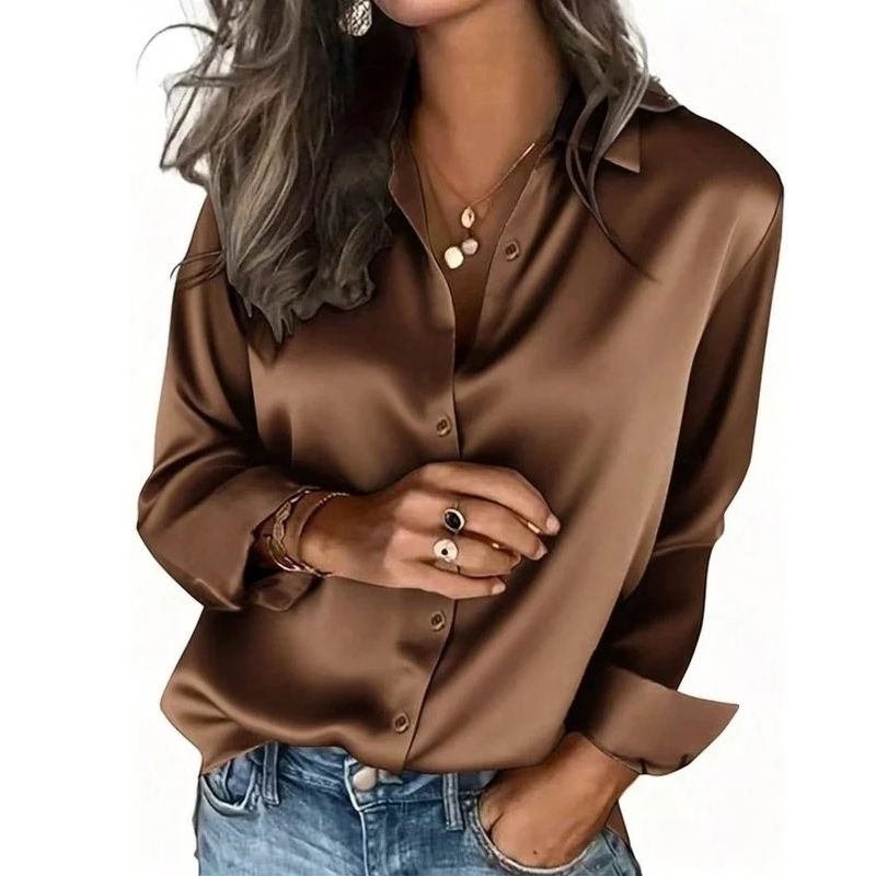 Womens Satin Button-Down Blouse - Long Sleeve Silk-Look Shirt for Office and Everyday Wear