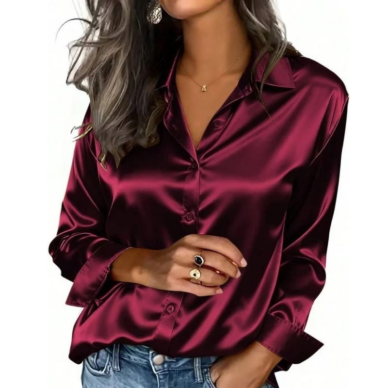 Womens Satin Button-Down Blouse - Long Sleeve Silk-Look Shirt for Office and Everyday Wear