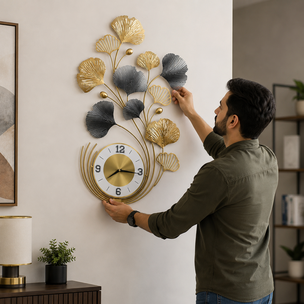 Ginkgo Leaf Metal Wall Clock – Large Decorative Silent Wall Clock for Living Room & Home