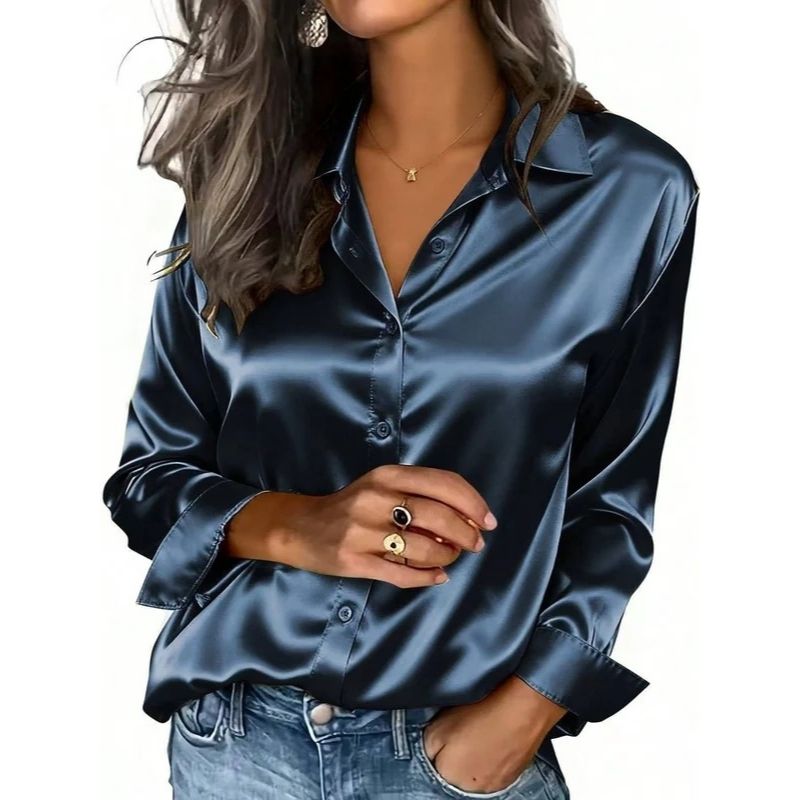 Womens Satin Button-Down Blouse - Long Sleeve Silk-Look Shirt for Office and Everyday Wear