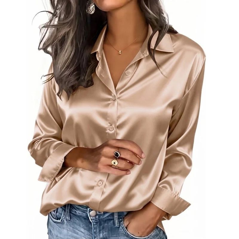 Womens Satin Button-Down Blouse - Long Sleeve Silk-Look Shirt for Office and Everyday Wear