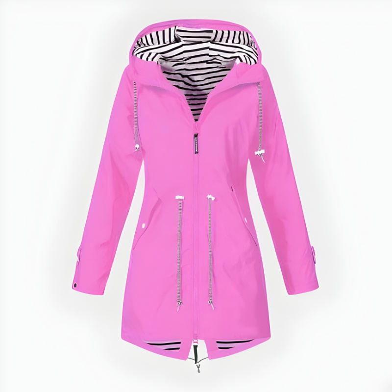 Womens Long Waterproof Rain Jacket with Adjustable Hood - Breathable Outdoor Coat