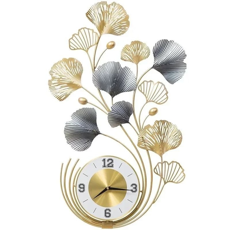 Ginkgo Leaf Metal Wall Clock – Large Decorative Silent Wall Clock for Living Room & Home