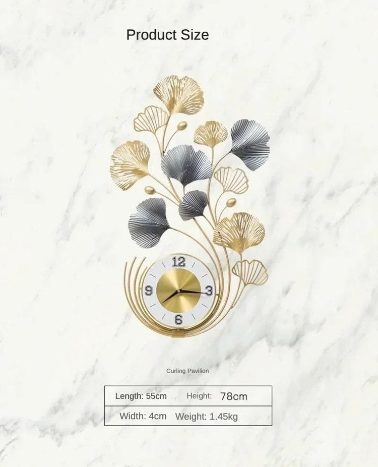 Ginkgo Leaf Metal Wall Clock – Large Decorative Silent Wall Clock for Living Room & Home
