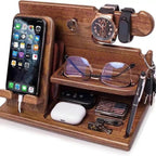 Wooden Desk Organizer with Phone Holder – Desktop Stand for Keys, Wallet, Glasses & Watch