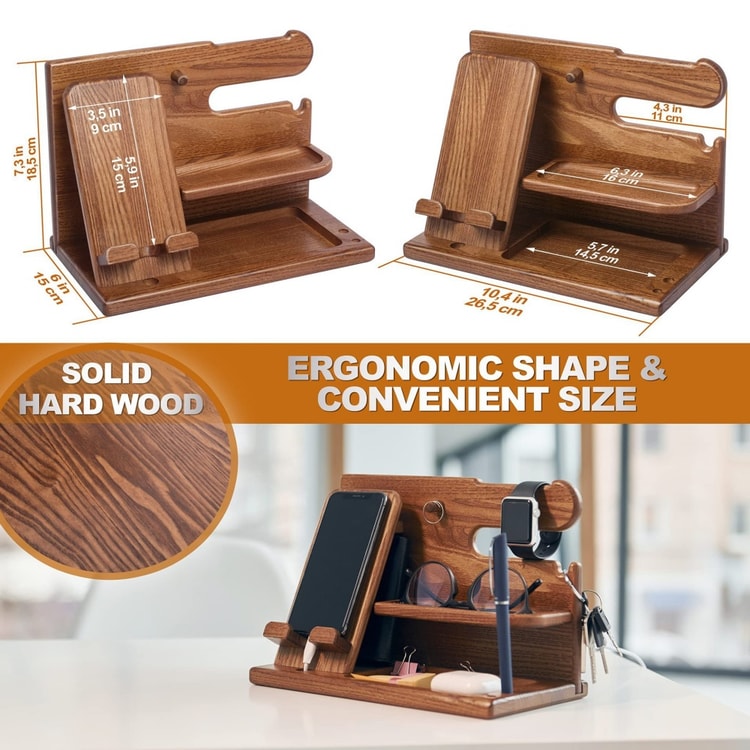 Wooden Desk Organizer with Phone Holder – Desktop Stand for Keys, Wallet, Glasses & Watch