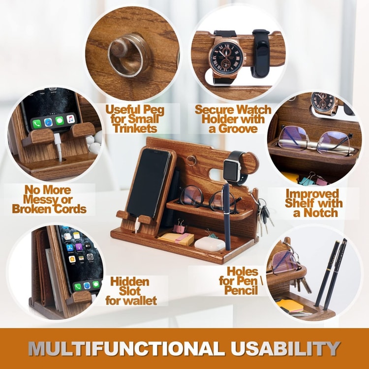 Wooden Desk Organizer with Phone Holder – Desktop Stand for Keys, Wallet, Glasses & Watch