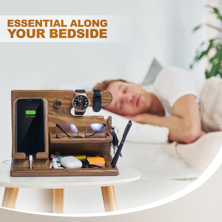 Wooden Desk Organizer with Phone Holder – Desktop Stand for Keys, Wallet, Glasses & Watch