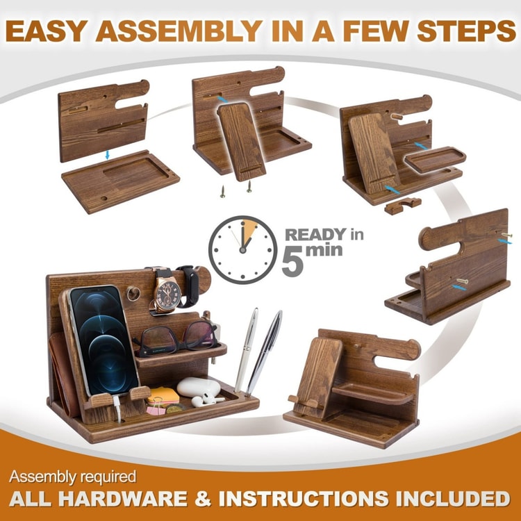 Wooden Desk Organizer with Phone Holder – Desktop Stand for Keys, Wallet, Glasses & Watch