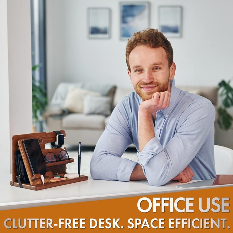 Wooden Desk Organizer with Phone Holder – Desktop Stand for Keys, Wallet, Glasses & Watch