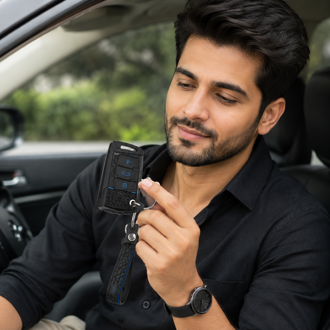 Leather Car Key Case Cover with Keychain – Protective Key Fob Cover for Compatible Vehicle Keys