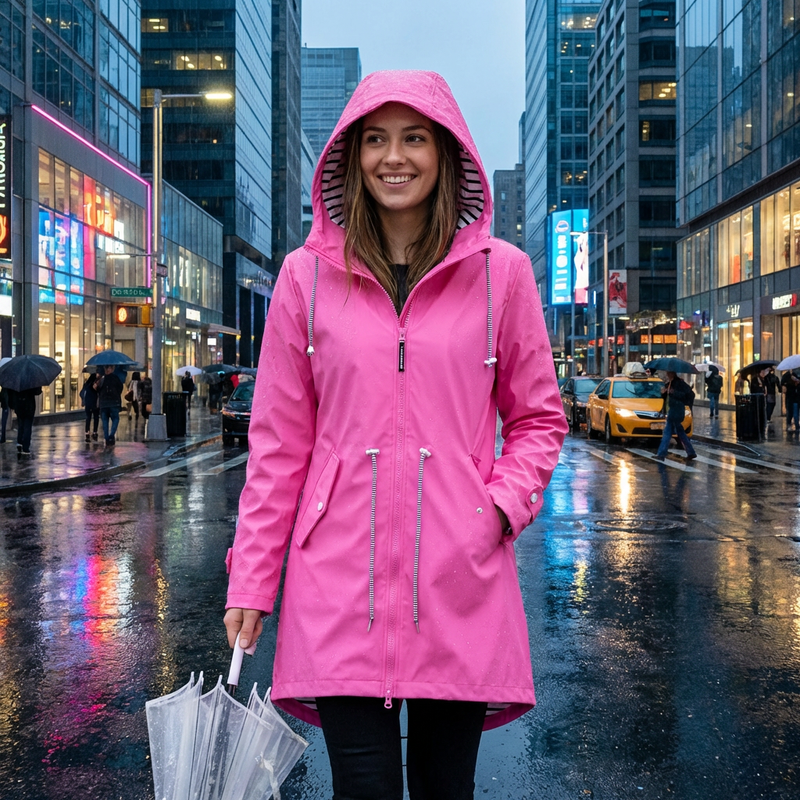 Womens Long Waterproof Rain Jacket with Adjustable Hood - Breathable Outdoor Coat
