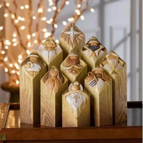 9-Piece Nativity Tree Pillar Statue Set - Resin Christmas Holy Family Figurines with Biblical Verses