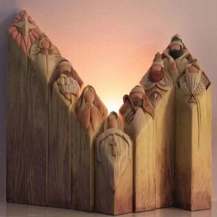 9-Piece Nativity Tree Pillar Statue Set - Resin Christmas Holy Family Figurines with Biblical Verses