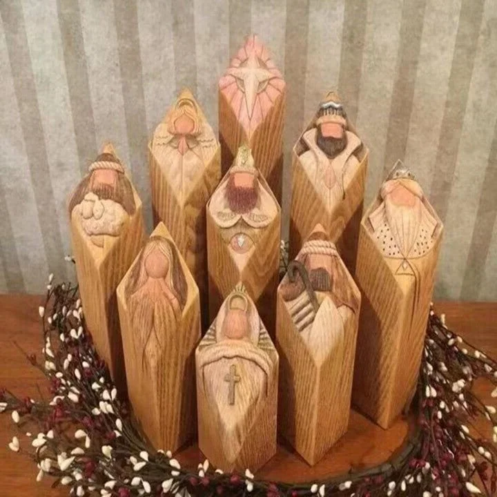 9-Piece Nativity Tree Pillar Statue Set - Resin Christmas Holy Family Figurines with Biblical Verses