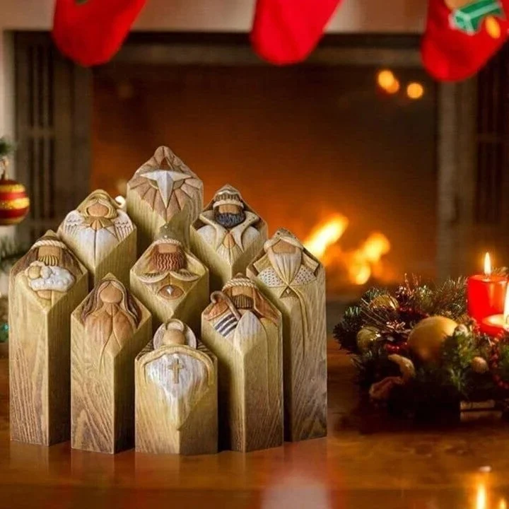9-Piece Nativity Tree Pillar Statue Set - Resin Christmas Holy Family Figurines with Biblical Verses